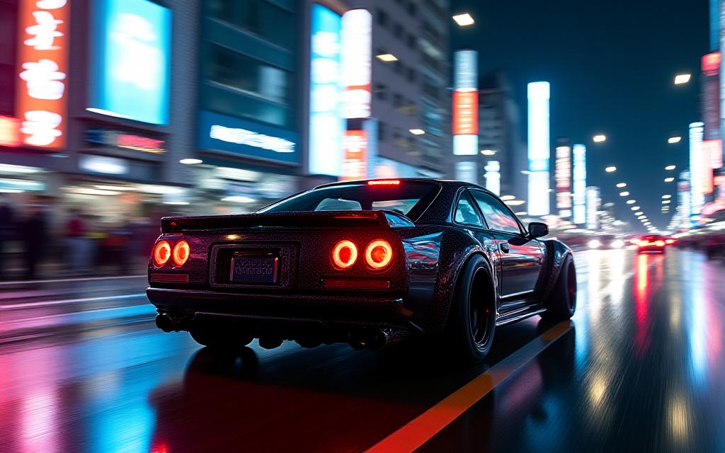 カスタムされたスポーツカーが夜の街を駆け抜ける様子