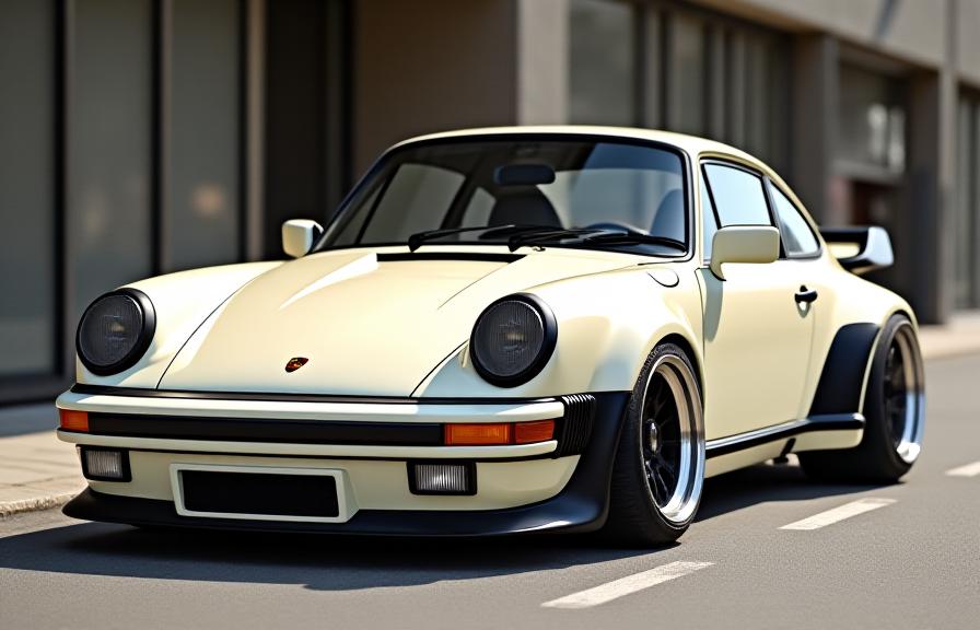 ワイドボディキットでカスタムされたクリーム色のポルシェ911 964