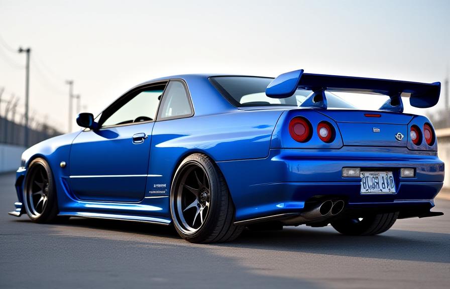 フルカスタムされた青い日産スカイラインGT-R R34のサイドビュー
